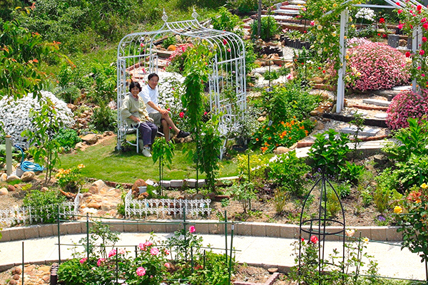 花と緑に囲まれて寛ぐMさんご夫婦